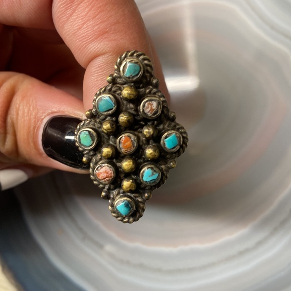 Tibetian Jewelry - Tibetan Turquoise and Coral Handmade Ring